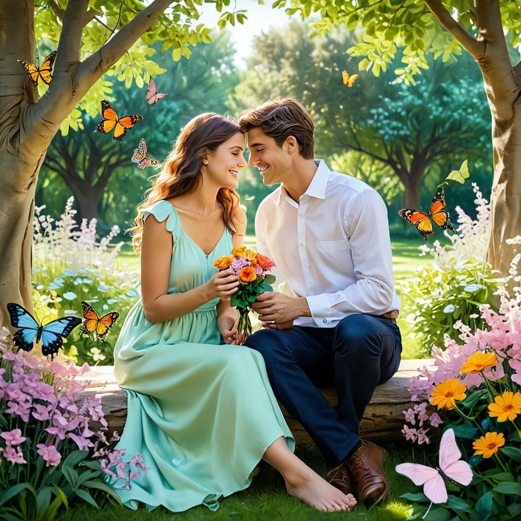 A whimsical, cozy scene of a couple in a sunlit park, sharing a heartfelt moment; one partner is presenting a handmade gift while the other looks pleasantly surprised, surrounded by blooming flowers and soft, fluttering butterflies. Emphasize warmth and tenderness in their expressions. The background features a gentle breeze, swaying trees, and a light pastel color palette. super-realistic. vibrant colors. 3D.