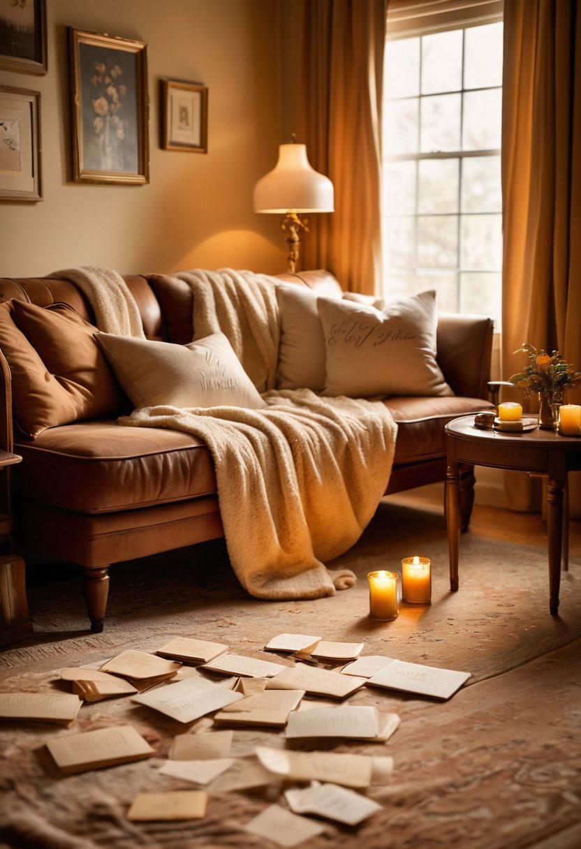 A warm, cozy room with a couple sitting closely together on a plush sofa, sharing a heartfelt moment, surrounded by soft lighting and intimate decor. Include a scattering of love letters and a cup of steaming cocoa on a side table for added warmth. The couple should represent diverse backgrounds, showcasing love in different forms. The atmosphere should feel inviting and romantic, with a hint of nostalgia. soft focus, warm colors, romantic style.