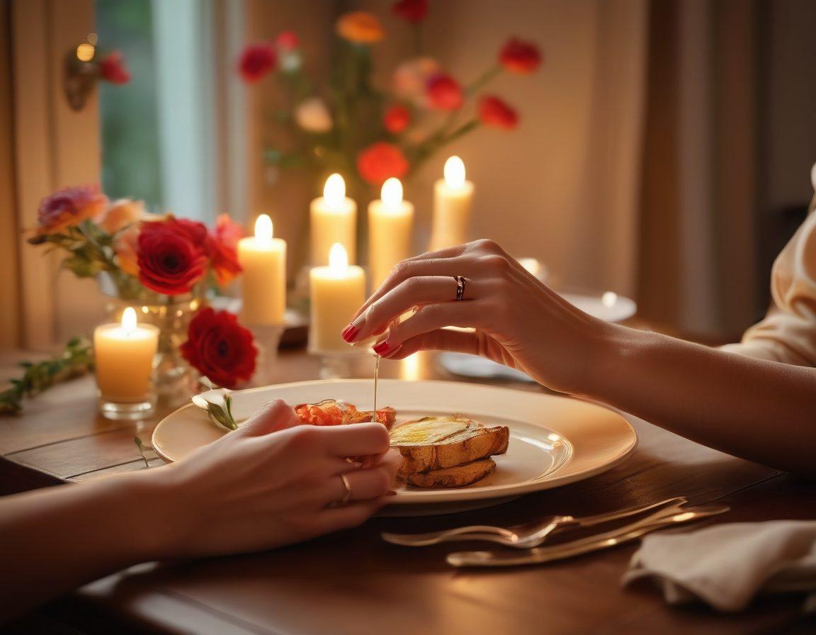 A cozy, candlelit dinner setting with a beautifully set table for two, surrounded by soft, romantic decor, like flowers and fairy lights. A background softly blurred to evoke a dreamy atmosphere, with warm colors illuminating the scene. A pair of hands reaching across the table towards each other, symbolizing connection and intimacy. Artistic style should be gentle and soft-focus, embracing romance and warmth. super-realistic. vibrant colors. cozy ambiance.